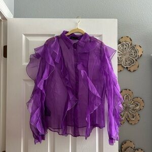 Sheer Ruffle Button-Down Blouse - Purple